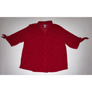 Catherines 2X Red Blouse Vday Heart Print Tie Sleeve Button Down Plus Size 22/24